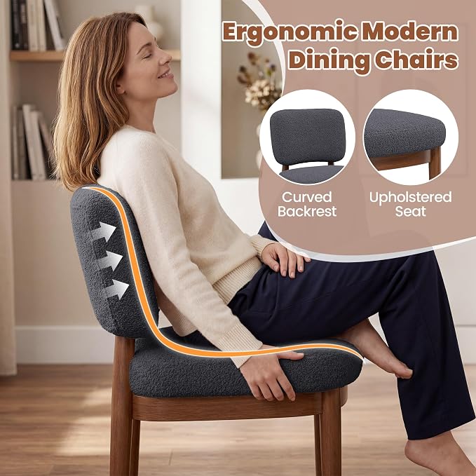 Wooden Dining Chairs Set of 2, Boucle Upholstered Kitchen Chairs with Solid Wood Legs, Mid Century Modern Dining Chairs, Farmhouse Side Chair with Hardwood Frame for Dining Room, Dark Gray
