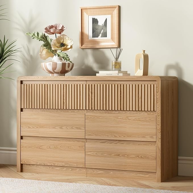 LYNSOM 6 Drawer Dresser for Bedroom, 50" Wide Fluted Dresser with Curved Corners, Wood Dressers & Chests of Drawers with Dual-Panel Design for Bedroom, Entryway, Oak