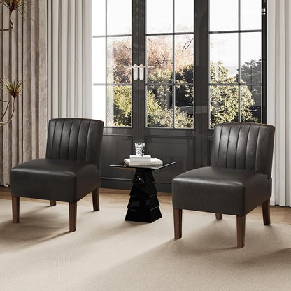 VIRRMO Armless Accent Chairs Set of 2 Upholstered Dining Chairs Living Room Chairs with Solid Wood Legs Bedroom Chair Leather Reading Chair Comfy Chair for Bedroom Vanity Kitchen (Black)
