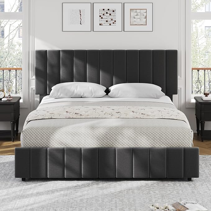 IDEALHOUSE Queen Upholstered Bed Frame with 4 Storage Drawers, Adjustable Headboard and Wooden Slats Support, No Box Spring Needed, Black