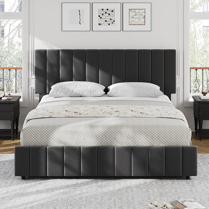 IDEALHOUSE Queen Upholstered Bed Frame with 4 Storage Drawers, Adjustable Headboard and Wooden Slats Support, No Box Spring Needed, Black