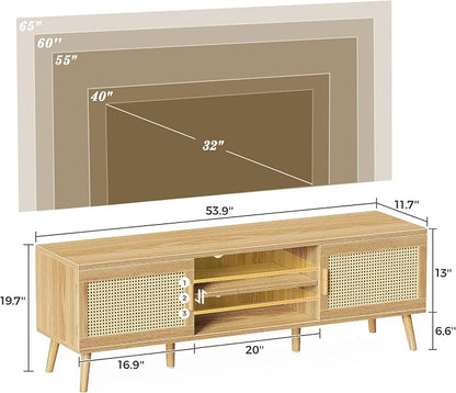 SUPERJARE Boho TV Stand for 65 Inch TV, Entertainment Center with Adjustable Shelf, Rattan TV Console with 2 Cabinets, Media Console, Solid Wood Feet, 4 Cord Holes, for Living Room - Natural