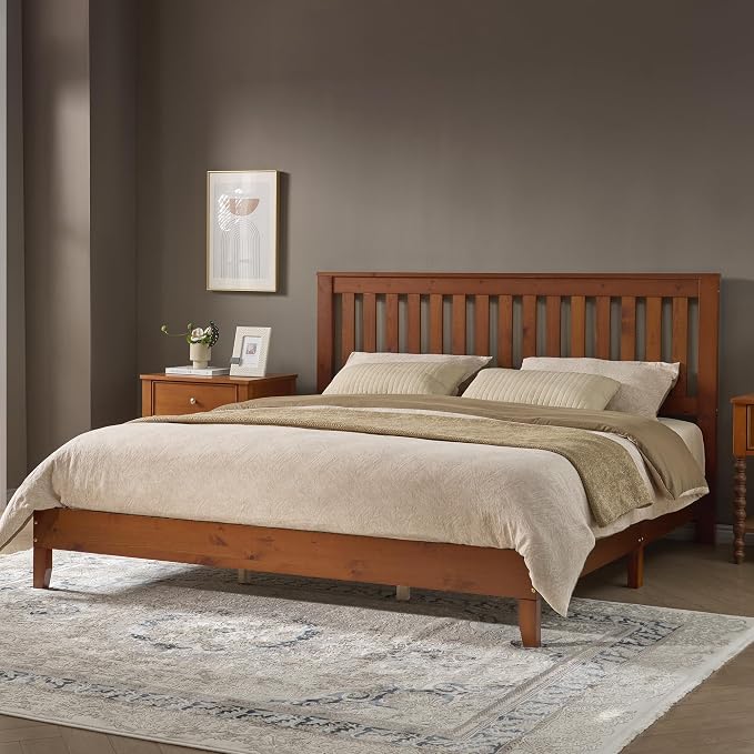 AMERLIFE King Bed Frame, Solid Wood Platform Bed with Vertical Slats Headboard, Wooden Bedframe King-Size, Sturdy Wooden Slats Support, No Box Spring Needed, Noise Free, Walnut
