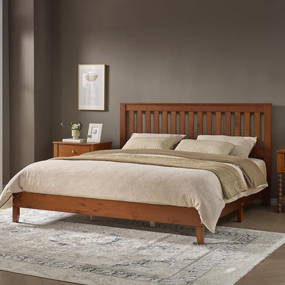 AMERLIFE King Bed Frame, Solid Wood Platform Bed with Vertical Slats Headboard, Wooden Bedframe King-Size, Sturdy Wooden Slats Support, No Box Spring Needed, Noise Free, Walnut