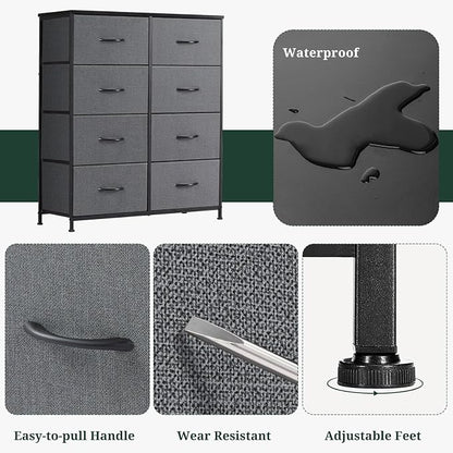 8-Drawer Dresser for Bedroom, Anti-Tip Tall Storage Organizer Chest of Drawers with Wooden Top and Metal Frame Fabric Bins for Closet, Living Room, Hallway, Entryway, Gray