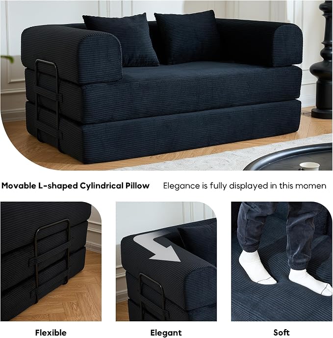 ZEIINPA 59“ Convertible Floor Sofa Bed, 5-in-1 Futon Sofa Bed Pull Out Sleeper Couch, Modern Corduroy Compressed Loveseat, Modular Boneless Couches for Living Room, No Assembly Required, Black