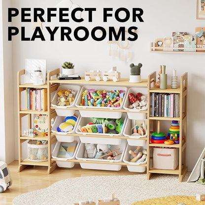 SpaceAid Large Toy Storage Organizer 9 Shelves 9 Bins, Toy Organizers Storage Bookshelf, Kids Bin Shelf Toys Box Bookcase for Bedroom Playroom Organization Room Decor, White