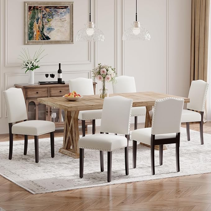 Upholstered Parsons Dining Chairs Set of 6, Modern Dining Room Chairs with Back, Fabric Kitchen Side Chairs with Wood Legs, Nailhead Trim for Dinner Farmhouse Restaurant, Beige