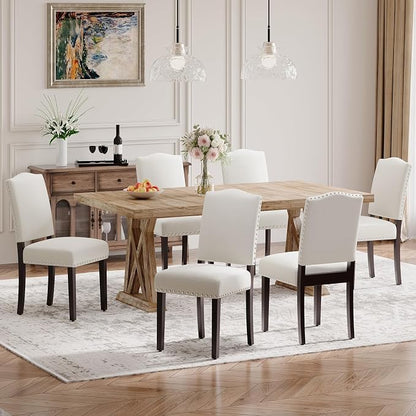 Upholstered Parsons Dining Chairs Set of 6, Modern Dining Room Chairs with Back, Fabric Kitchen Side Chairs with Wood Legs, Nailhead Trim for Dinner Farmhouse Restaurant, Beige