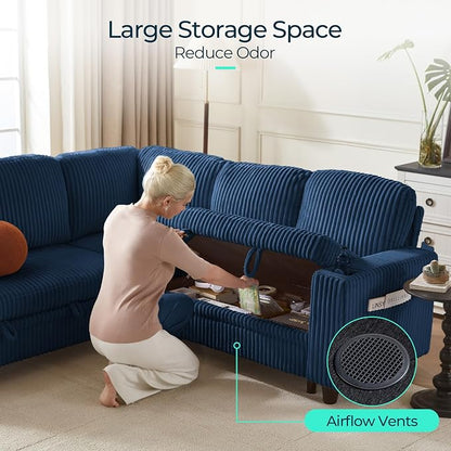 LINSY HOME Sectional Sofa with Pull Out Bed, 6 Seats Corduroy Reversible Sleeper Sofa with Storage Seats & Chaises, USB Ports, Cup Holders, Side Pocket, Sectional Couches for Living Room, Blue