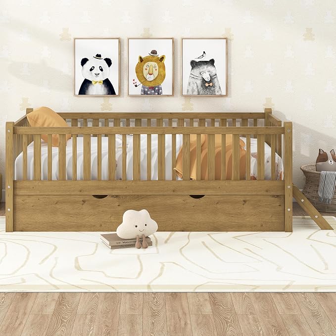 Merax Wood Twin Size Platform Bed with Guardrail and Trundle, Kids Bed Frame with Stairs, Walnut