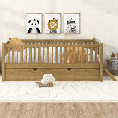Merax Wood Twin Size Platform Bed with Guardrail and Trundle, Kids Bed Frame with Stairs, Walnut