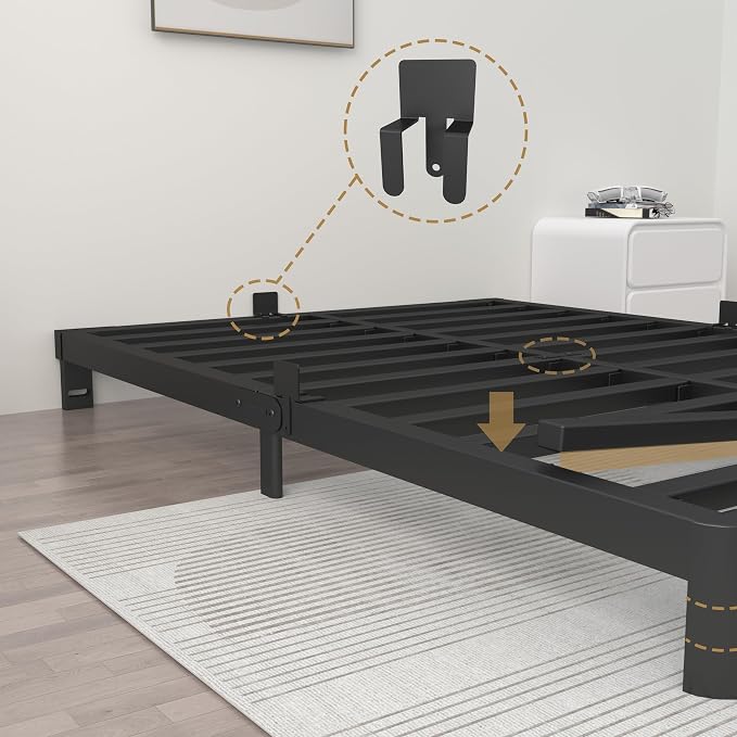 ITIMIDI 4 Inch Queen Bed Frame No Box Spring Needed, Platform Bed Frame with Metal Gaskets, Heavy Duty Steel Slat Support, Anti-Slip Mattress Stopper, Round Corner Leg, Easy Assembly, Black