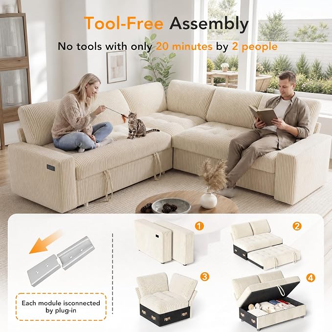 Sunny Heart Modular Sectional Sleeper Sofa with Pull Out Bed, Corduroy L Shaped Sectional Sofa with USB Ports/Adjustable Backrest/Storage Seats, Tool-Free Assembly, Couches for Living Room Beige