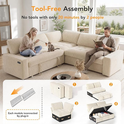 Sunny Heart Modular Sectional Sleeper Sofa with Pull Out Bed, Corduroy L Shaped Sectional Sofa with USB Ports/Adjustable Backrest/Storage Seats, Tool-Free Assembly, Couches for Living Room Beige