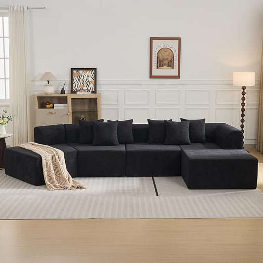140''Oversized Cloud Velvet Curved Sectional Couch, Boneless Couch with L-Shape Chaise, Upholstered Compression Memory Foam Modular Sectional Sofa for Living Room, No Assembly Required, Black