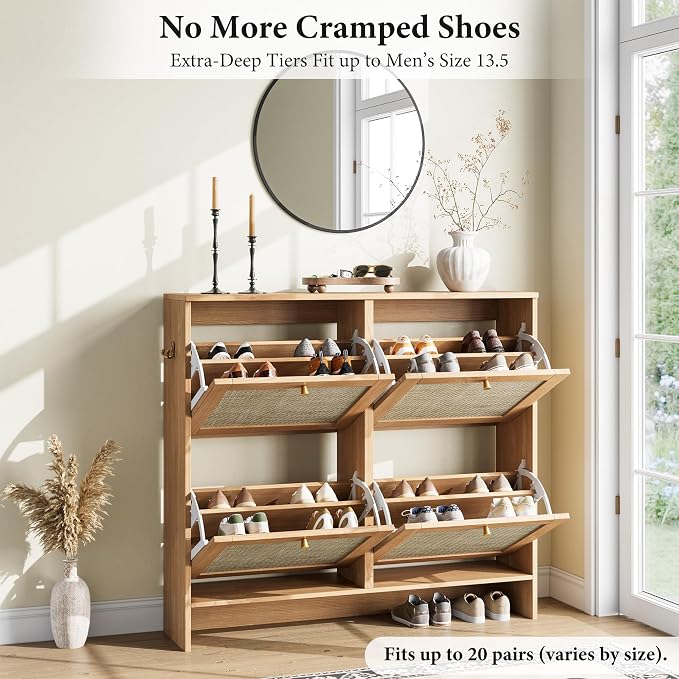 Nicetree Modern Rattan Shoe Cabinet, 4 Flip Drawers & Adjustable Shelves, Ultra Slim Freestanding (9.5” Deep), Holds 24+ Pairs, Narrow Shoe Storage Cabinet with Anti-Tip Safety,Sun-Drenched Ambe