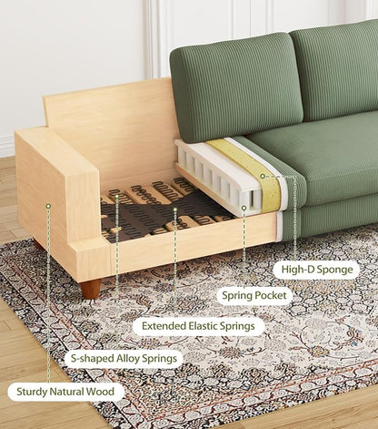 87in Corduroy Couch, Kidirect Sofa No Tool Assembly, Comfy Couches for Living Room 21in Deeper Seats, Corduroy Sofas for Living Room with 2 Pillows, Oversized Loveseat Sofa, Boho Love Seat Green Couch