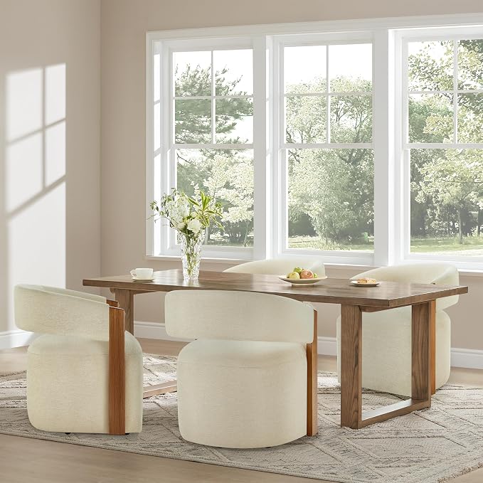 KISLOT Upholstered Dining Chairs Set of 4, Barrel Modern Dining Room Chairs with Casters, Kitchen Side Wooden Armchair with Fabric Cushion Seat for Bedroom, Livingroom, Reading Room, Sand, 4 Boxs