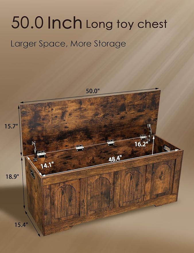 DINZI LVJ Storage Chest, 50” Extra Large Storage Bench with 2 Safety Hinges, Wooden Toy Box with Flip-Top, Large Trunk for Living Room, Playroom, Easy Assembly, Rustic Brown