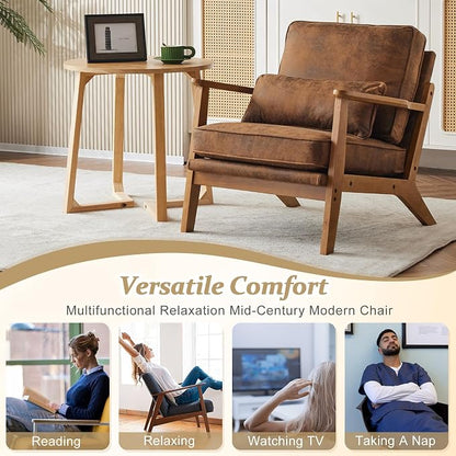 VINGLI Solid Wood Wide Armrests Accent Chair Set of 2,Upholstered Mid Century Modern Chair with Pillow,Farmhouse Arm Chair Comfy Reading Chair,Chairs Living Room,Bedroom,Guest Room,Suede,Rustic