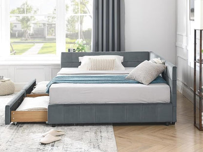 KEIKI Full Size L Shape Corner Bed Frames with 2 Storage Drawer, Backrest and Armrests, Velvet Upholstered Sofa Daybed for Small Room, Living Room, Bedroom, Guest Room, Kids' Room