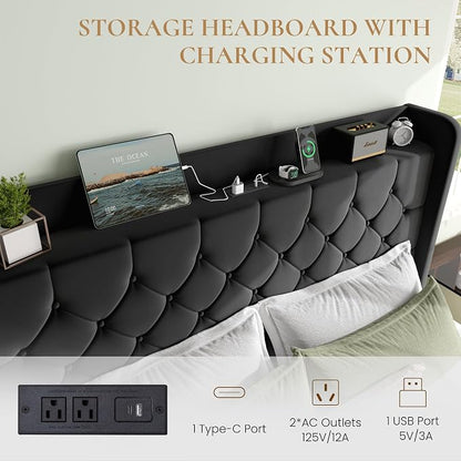SHA CERLIN Queen Size Platform Bed Frame with Charging Station, Velvet Wingback Headboard with Storage Shelf, Wooden Slats Support, Ample Under-Bed Space, No Box Spring Needed, Easy Assembly, Black