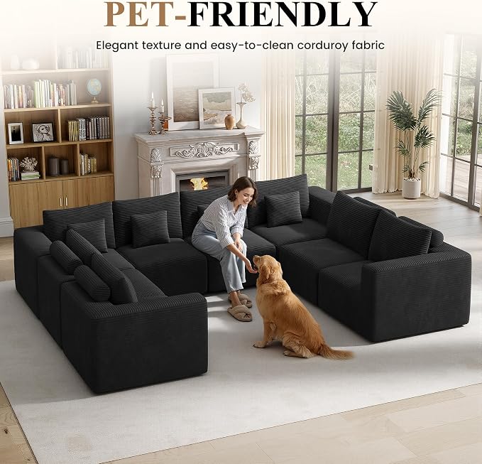Modern U Shaped Modular Sectional Sofa, Convertible Oversized Cloud Couches for Living Room, Comfy 8 Seater Corduroy Boneless Couch Sofa Set, No Assembly Required, Beige 1 PCS