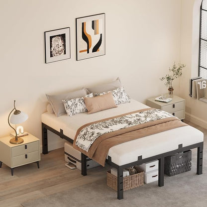 16 Inch Queen Bed Frames,Heavy Duty Metal Queen Size Platform 3500 lbs Capacity, No Box Spring Needed, 6 Mattress Slide Stopper, Headboard Holes, Noise-Free, Easy Assembly