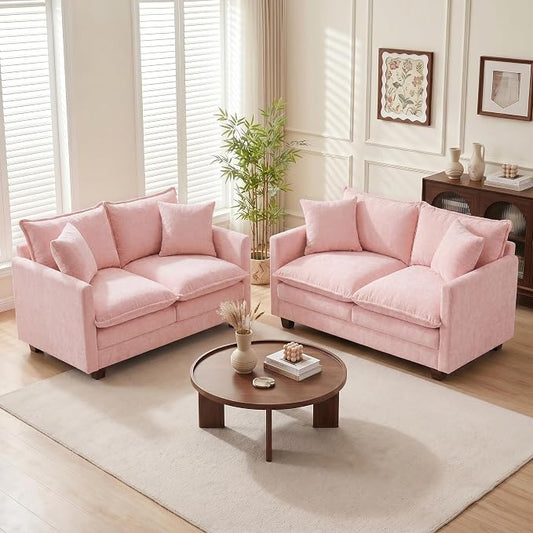 Loveseat Sofa Couch 2 Piece Set, Small Compact 50" Love Seat 27" Deep Cloud Sofa Set Washable Chenille Pillow Living Room Set for Apartment Office 8833-PINK-2+2