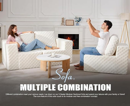 Modular Sectional Sofa 3-Seater Modular Couch with Deep Seat Memory Foam Cloud Chair with Pillows Oversized Sectional Sofa for Living Room Bedroom (Plush White, 3-Seater)
