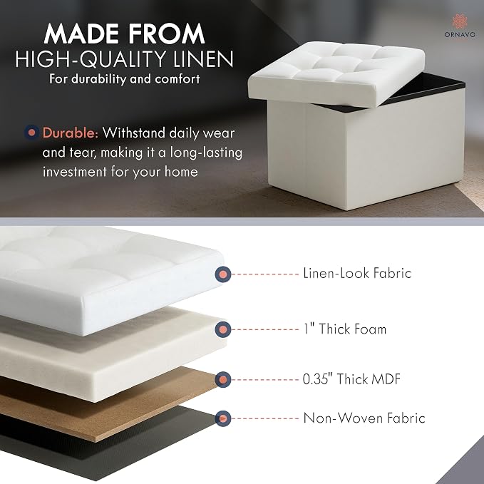 Ornavo Home Small Storage Ottoman, Set of 2, Foldable Collapsible Rectangle Linen Ottoman Foot Rest Stool Seat, for Living Room, Bedroom, Home Office, Dorm - 12 x 16 x 12, White