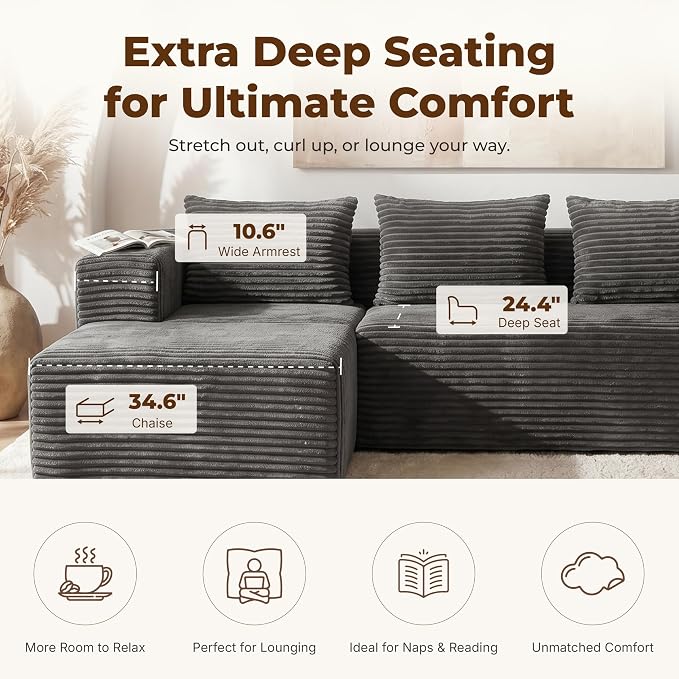 Modular Sectional L-Shaped Sofa with Deep Seat, Modern Boneless Comfy Corduroy Fluffy Couch with Side Pockets and Anti-Slip & Floor-Friendly Bottom for Living Room, No Assembly, Dark Grey