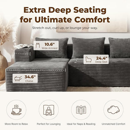 Modular Sectional L-Shaped Sofa with Deep Seat, Modern Boneless Comfy Corduroy Fluffy Couch with Side Pockets and Anti-Slip & Floor-Friendly Bottom for Living Room, No Assembly, Dark Grey
