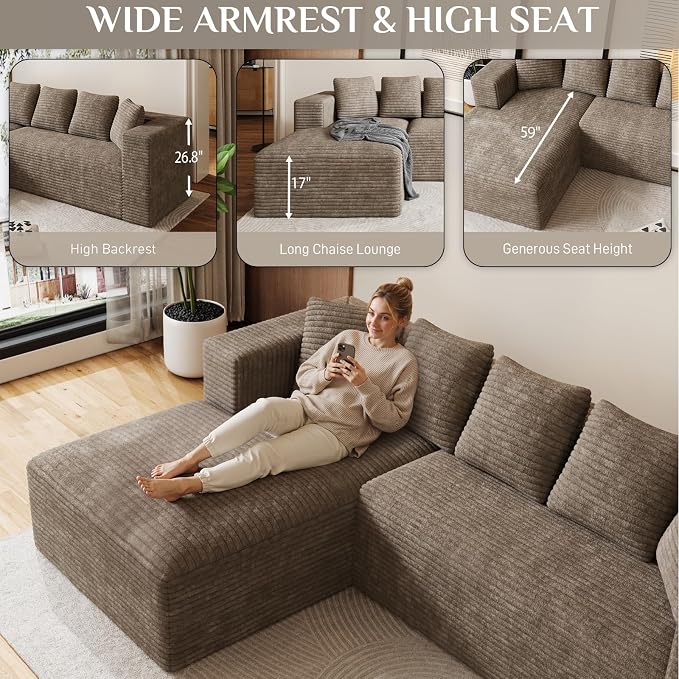 Oversized L Shaped Boneless Sectional Couches for Living Room, 107" Comfy Fluffy Cloud Modular Sectional Sofa, Plush Corduroy Memory Foam Floor Sofa with Left Facing Chaise Couch