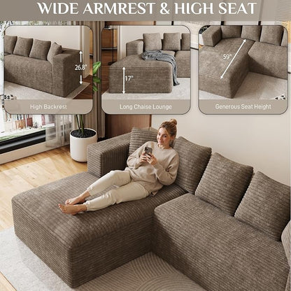 Oversized L Shaped Boneless Sectional Couches for Living Room, 107" Comfy Fluffy Cloud Modular Sectional Sofa, Plush Corduroy Memory Foam Floor Sofa with Left Facing Chaise Couch