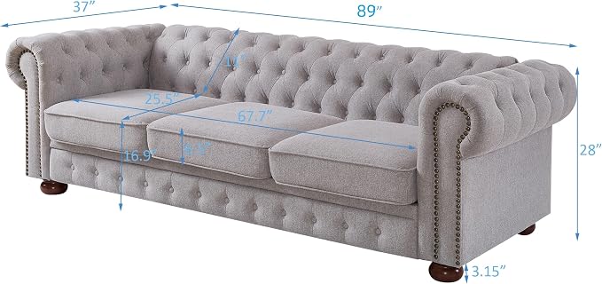 Chesterfield Sofa, 89" Mid Century Modern Couch with Low Back, Roll Arm Nailhead Trim Classic 3 Seater Couch for Living Room, Office, Apartment, Linen Light Grey