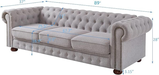 Chesterfield Sofa, 89" Mid Century Modern Couch with Low Back, Roll Arm Nailhead Trim Classic 3 Seater Couch for Living Room, Office, Apartment, Linen Light Grey