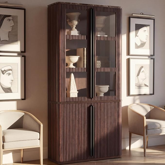 77" Tall Storage Cabinet - Fluted Pantry Cabinets with Glass Doors, Wooden Kitchen Food Cupboard, Adjustable Shelves, Modern Display Storage Closet for Living Room, Dining Room, Office, Brown 2pcs