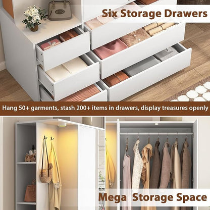 White Wardrobe Closet with Mirror and LED Light, Armoire Wardrobe with 6 Drawers, Hanging Rod, Open Shelves, Freestanding Bedroom Storage Cabinet