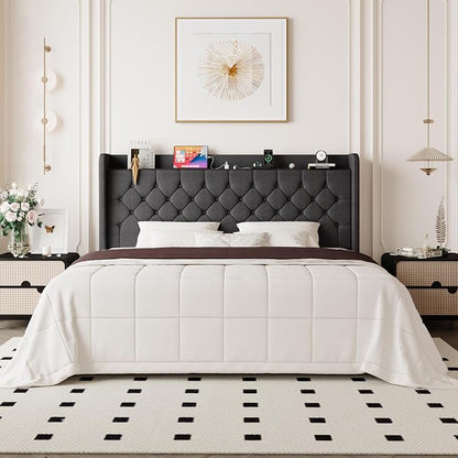 Allewie King Size Bed Frame, Storage Headboard with Charging Station,Wingback Linen Upholstered, Diamond Stitched Button Tufted, Sturdy Wooden Slats, No Box Spring Needed, Easy Assembly, Dark Gray