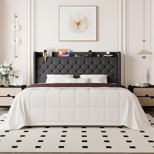 Allewie King Size Bed Frame, Storage Headboard with Charging Station,Wingback Linen Upholstered, Diamond Stitched Button Tufted, Sturdy Wooden Slats, No Box Spring Needed, Easy Assembly, Dark Gray