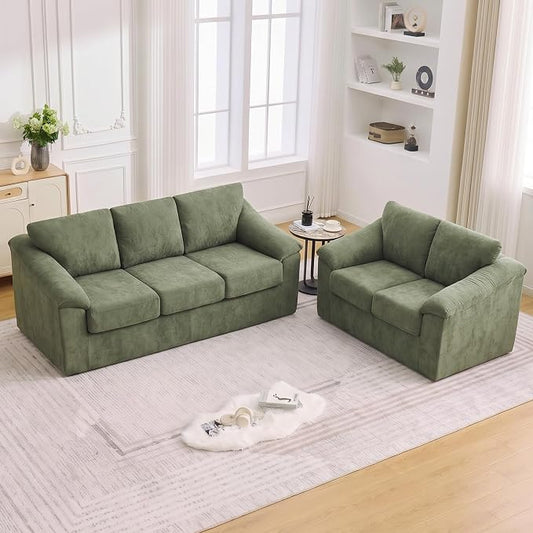 Boneless Couch Sets, Modern 3 Seater Sofa and Loveseat Sofa, Floor Cloud Couch Sets with Extra Comfy Soft Deep Seats for Living Room, Apartment, No Assemby, Set of 2, Green