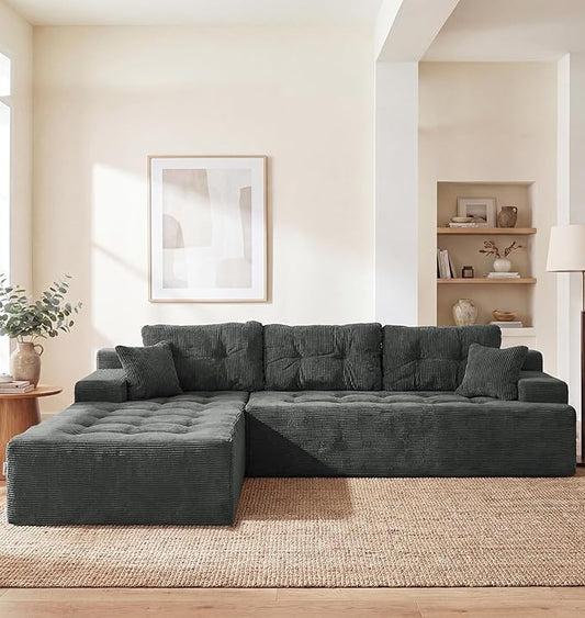 Hobestluk Modular Sectional Sofa Couches L-Shape Couch 3 Seat Modular Sofa Memory Foam Sectional Couches for Living Room, Cloud Couch with Oversized Chaise (Charcoal Corduroy, 108", Left Hand Facing)