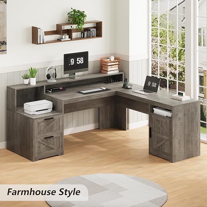 YOMILUVE 63" Farmhouse L Shaped Executive Desk with Drawers & Storage Shelf, Corner Computer Desk with Power Outlets, L Shaped Office Desk with Monitor Stand, Printer Shelf, Gray
