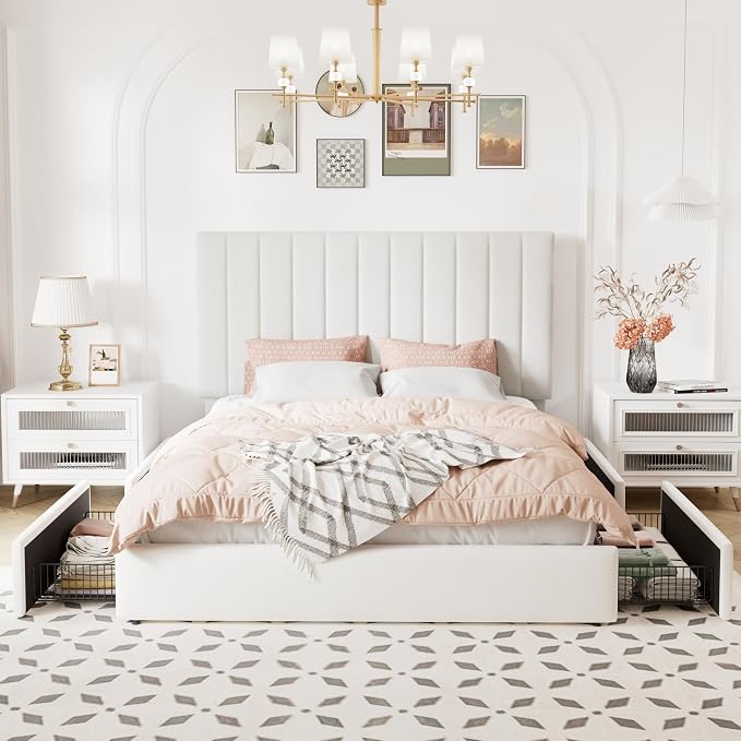Allewie Full Size Storage Bed Frame, Vertical Channel Tufted Adjustable Headboard, Velvet Upholstered Platform Bed with 4 Oversized Underbed Drawers, Wooden Slats Support, No Box Spring Needed, White