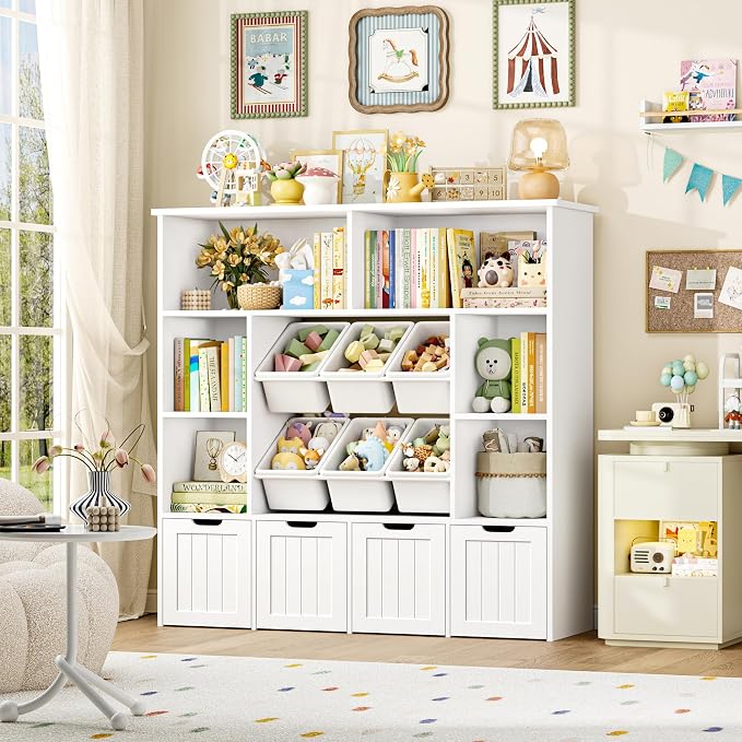 FINETONES Toy Storage Organizer with 6 Toy Bins, Large Toy Organizers and Storage with 4 Movable Drawers and 6 Storage Cubbies, Kids Toy Storage and Toy Chest for Playroom and Kids Room, White