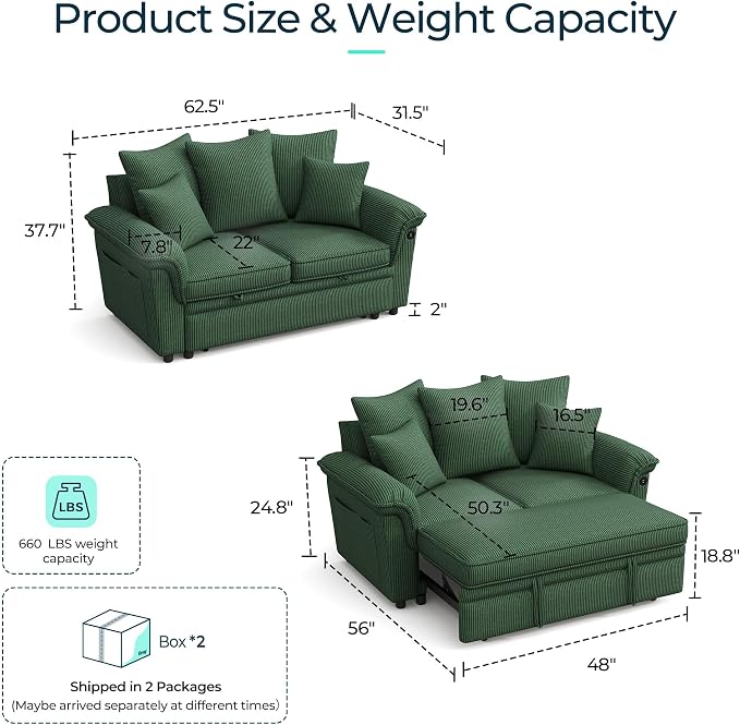 LINSY HOME Sectional Loveseat Sofa with Pull Out Chaise (Green, 62.5'') | USB Charging