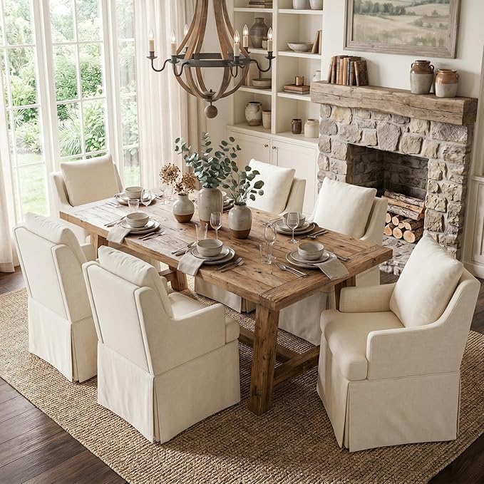UVV Upholstered Dining Chairs Set of 6, Modern Kitchen Chair Dining Room Chair with 4 Casters, Linen Armchair for Bedroom Reading Room Living Room, Beige