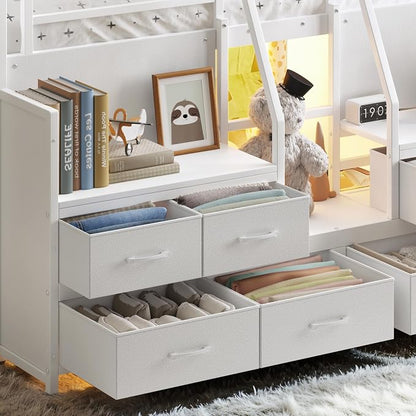 Bellemave Full Low Loft Bed,Metal Kids Loft Bed Frame for Boys Girls,White | Fabric Drawers,LED Lights,Storage Shelves,Under-bed Space,Space-saving